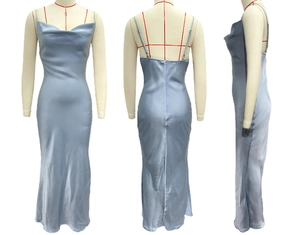 Three-way view of blue satin slip dress featuring cowl neck and slim fit silhouette