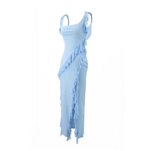 Detail view of light blue sleeveless dress featuring elegant ruffle trim and side slit