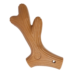 Brown branch-shaped dog chew toy made of durable pine-scented synthetic rubber material