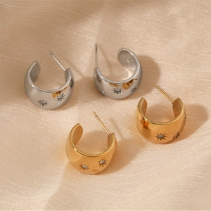Gold and silver C-shaped stainless steel earrings with starburst zircon on silk