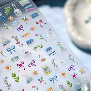 Cute cartoon laser nail stickers with floral patterns and 3D glitter effect for kids