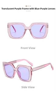 Close-up of trendy square sunglasses featuring purple frames and crystal embellishments