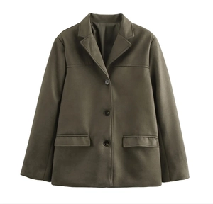 Detailed view of dark olive faux suede jacket with buttons and flap pockets on white background