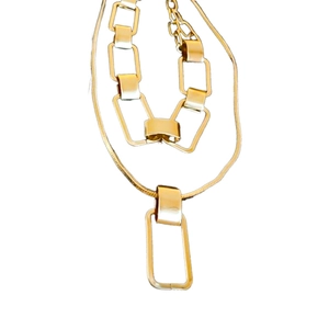 Minimalist double layer gold chain necklace with rectangular pendant on white background
