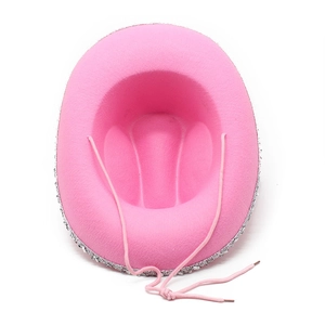 Detail of pink cowgirl hat with silver sequin trim and adjustable chin strap