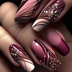 Burgundy Nude Pink French Line Press On Nails Long Coffin Detachable Fake Nail Tips Professional DIY Manicure Salon Style For Women