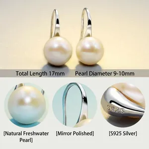 Elegant S925 silver hook earrings featuring 9-10mm natural freshwater pearls with mirror polish