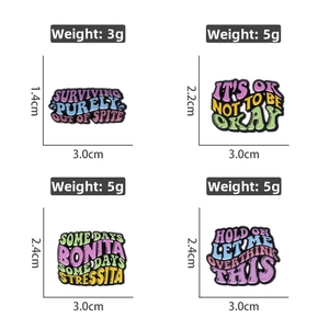 Detailed size and weight specs for colorful enamel pins with inspirational slogans