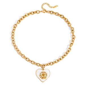 18K gold-plated stainless steel chain necklace featuring a white enamel heart sun pendant