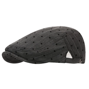 Dark grey herringbone newsboy cap with breathable perforations and side metal button