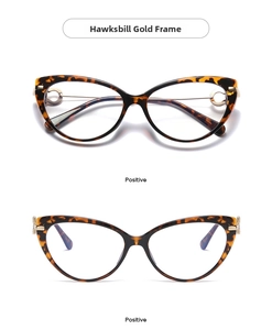 Front view of cat eye tortoiseshell glasses with gold metal hollow hinge details