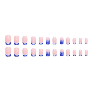 Unghie finte French blu e bianche con linee ondulate in set da 24 pezzi quadrati