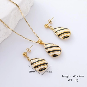 18K gold plated jewelry set with black and white striped enamel pendant and earrings