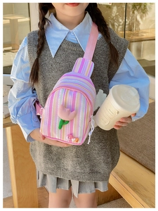 Close-up of pink and purple striped girls chest bag with tulip and LOVE embroidery