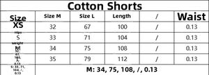 Size guide table for women cotton shorts showing length, waist and hip measurements
