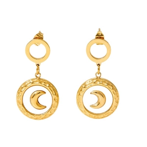 Französische Vintage-Ohrringe in Gold mit gehämmertem Anhänger und Relief-Mondsichel