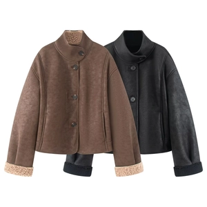 Women Faux Suede Jacket Lambswool Lined Short Coat Stand Collar Button Casual Streetwear Outerwear Winter Warm