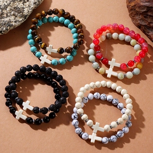 Natural Stone Cross Beaded Bracelet Lava Rock Tiger Eye Turquoise Ethnic Faith Elastic Handmade Jewelry For Men Women