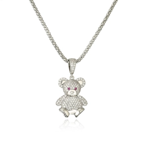 Sparkling crystal pavé bear pendant necklace in silver finish with pink stone eyes