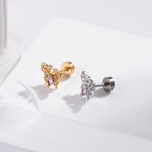 Pink heart butterfly stud earrings in gold and silver finish with crystal screw backs
