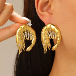 Boucles d'oreilles crevettes dorées exagérées avec cristaux blancs pour femmes
