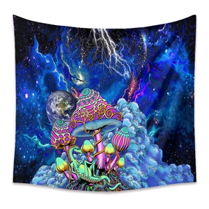 Macro view of psychedelic mushroom tapestry with a fantasy creature and nebula background