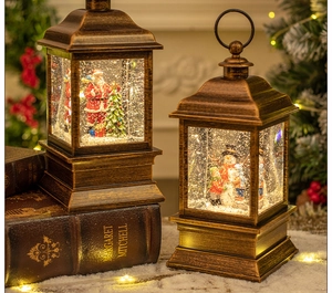 Close-up of vintage bronze Christmas lanterns with snowmen and LED light on a snowy background
