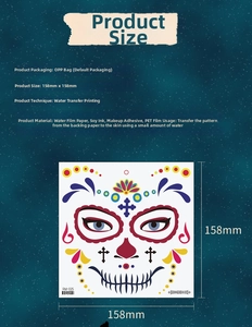 Detailed product specs of Day of the Dead face tattoo stickers, 158mm water transfer print