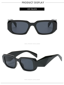 Detailed views of C01 black polygon sunglasses showing wide temples and metal hinges