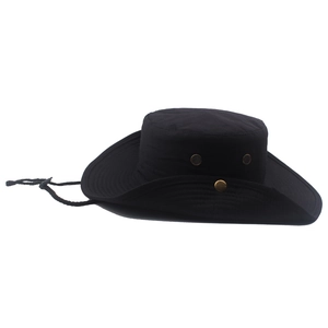 Black outdoor sun hat with adjustable chin strap and side snaps for summer fishing