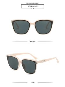 Dettagli di occhiali da sole squadrati beige con borchie e lenti scure