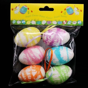 Set of 6 glittery colorful Easter egg ornaments with ribbons in clear retail packaging
