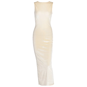 Robe longue élégante en velours crème sans manches à dos nu avec fente latérale