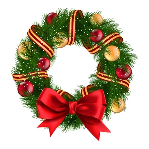Détail d'une couronne de Noël avec des aiguilles de pin, des baies et un grand nœud rouge