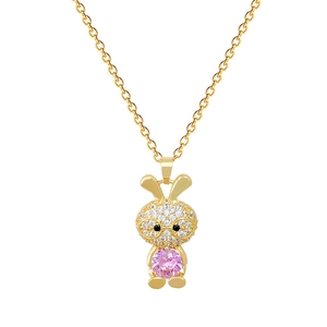 Elegante goldene Titanstahl Halskette mit Hasen-Anhänger, rosa Kristall und Diamanten