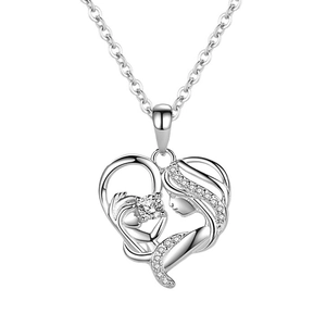 S925 sterling silver mother and child heart necklace with sparkling crystal pendant
