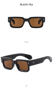 Front and side view of square sunglasses with black frames and tea-tinted lenses
