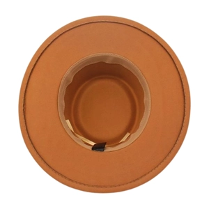 Top view detail showing internal sweatband and lining of camel wool felt fedora hat
