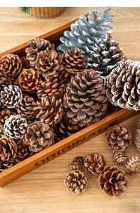 Dettaglio di pigne naturali con finiture bianche e argentate su un vassoio di legno rustico