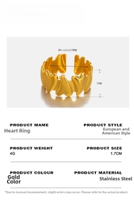 Detailed parameter card of gold stainless steel heart ring with dimensions and specs