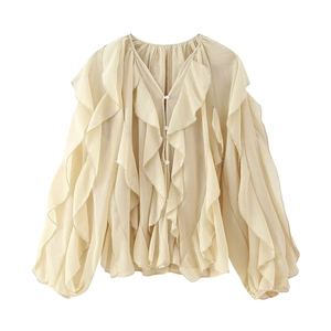 Elegant beige V-neck long sleeve blouse featuring delicate layered ruffle details
