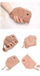 Detailed views of a pink elephant leather coin purse with litchi grain texture