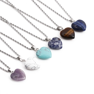 Unisex Stainless Steel Heart Stone Pendant Necklace Fashion Hip Hop Amethyst Turquoise Tiger Eye Lapis Lazuli Twist Chain Jewelry Gift