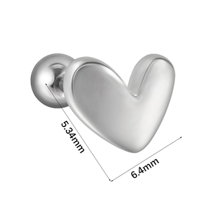 Polished silver heart stud earring dimensions showing 6.4mm width and 5.34mm height