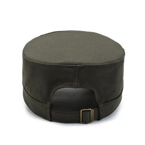 Deep olive green cotton cadet cap with adjustable bronze metal buckle back view