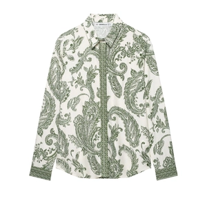 Women's paisley print long sleeve white and green shirt with relaxed fit design
