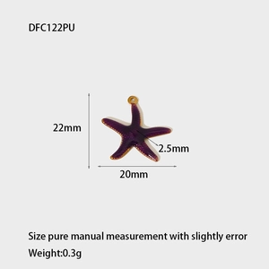Macro shot of 22mm purple starfish pendant with gold edges and size dimensions
