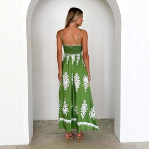 Slim fit green floral backless maxi dress with ethnic print and elastic waist