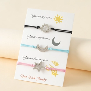 Stainless Steel Polyester Braided Bracelet Sun Moon And Star Pendant Adjustable Friendship Jewelry For Women Couples Birthday Gift