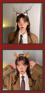 Detail of plush Christmas reindeer antler headbands with pine cones and berries